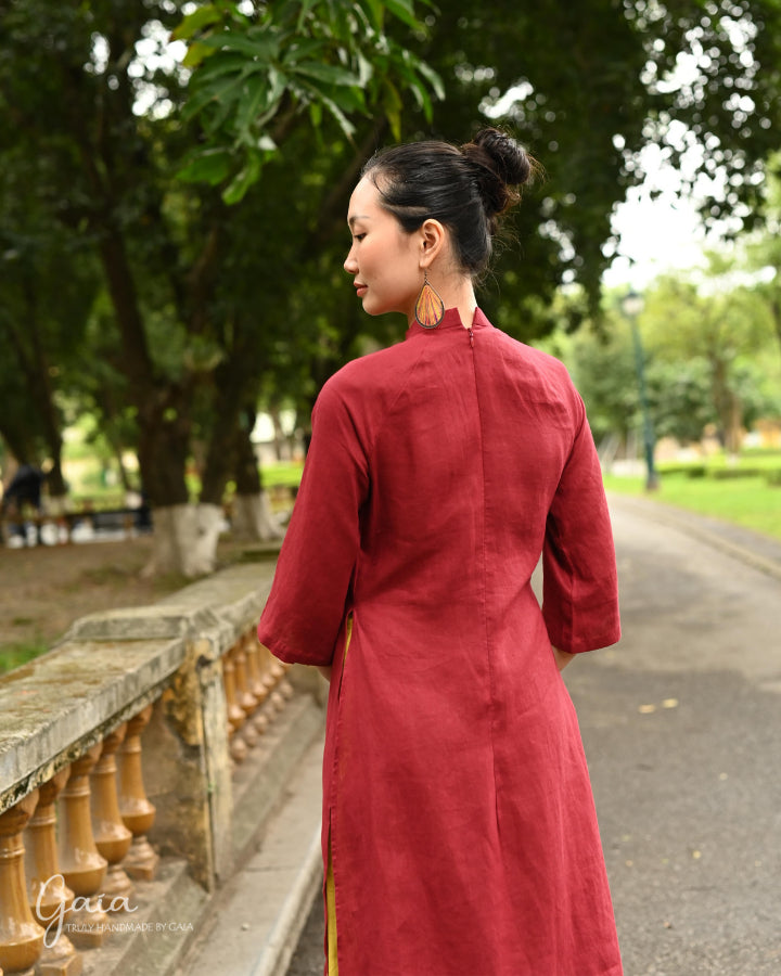 Hand-embroidered linen red Vietnamese dress