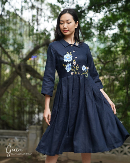 Hand-embroidered linen shirtwaist dress