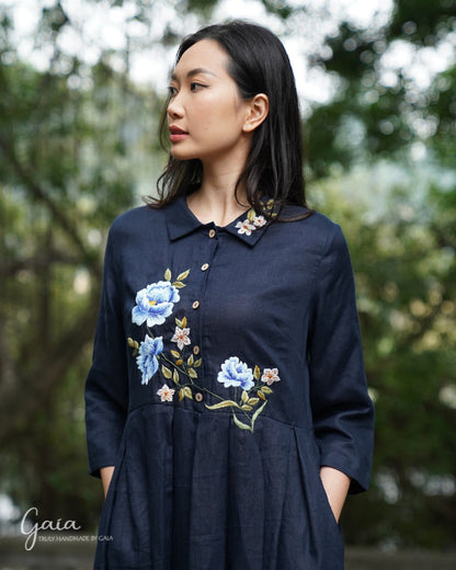 Hand-embroidered linen shirtwaist dress