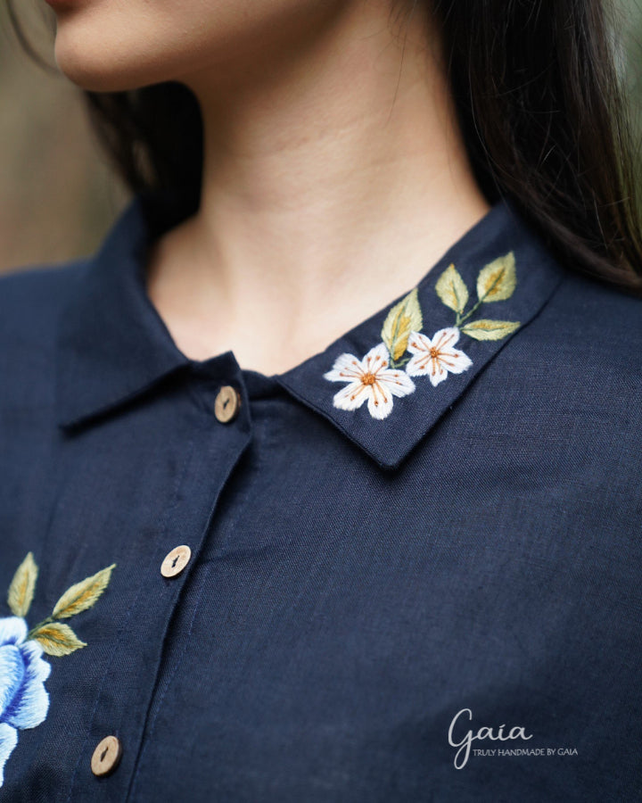 Hand-embroidered linen shirtwaist dress