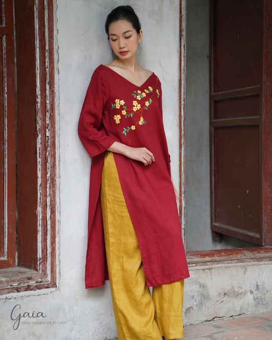 Hand-embroidered linen Vietnamese red dress