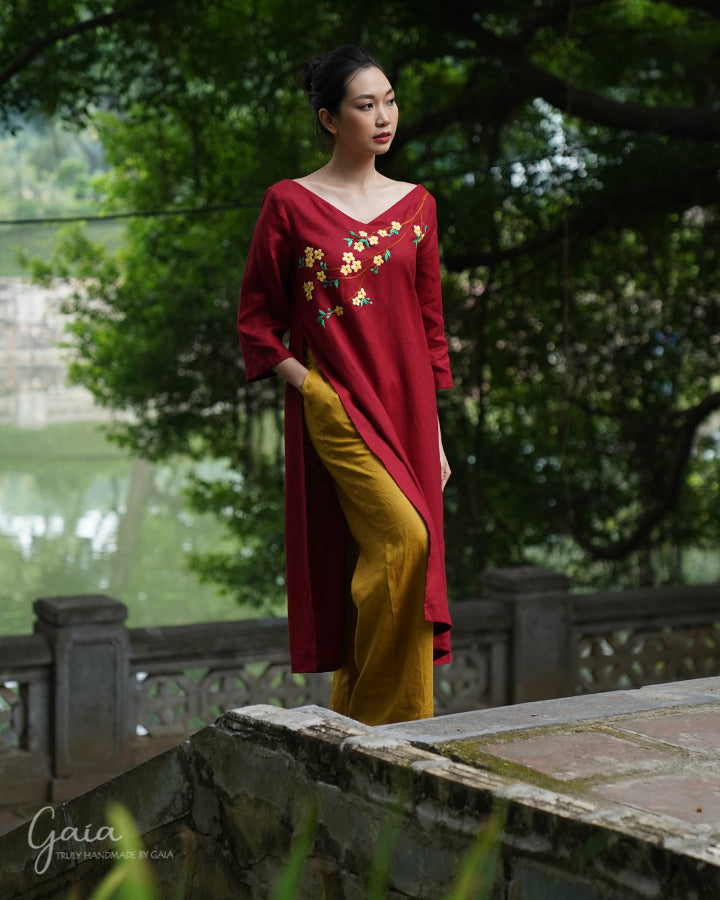 Hand-embroidered linen Vietnamese red dress