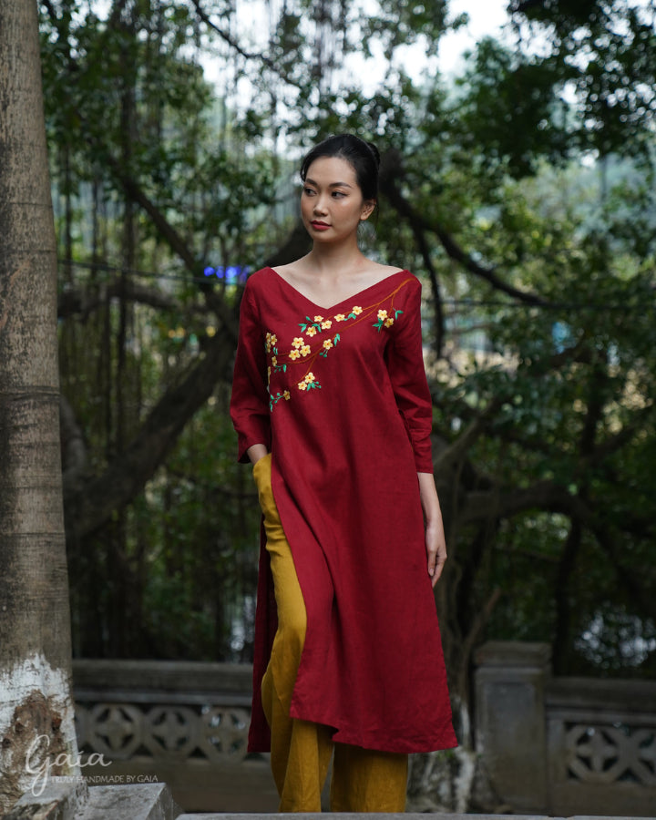 Hand-embroidered linen Vietnamese red dress