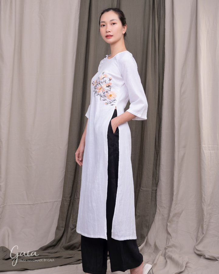 Hand-embroidered linen white Vietnamese dress