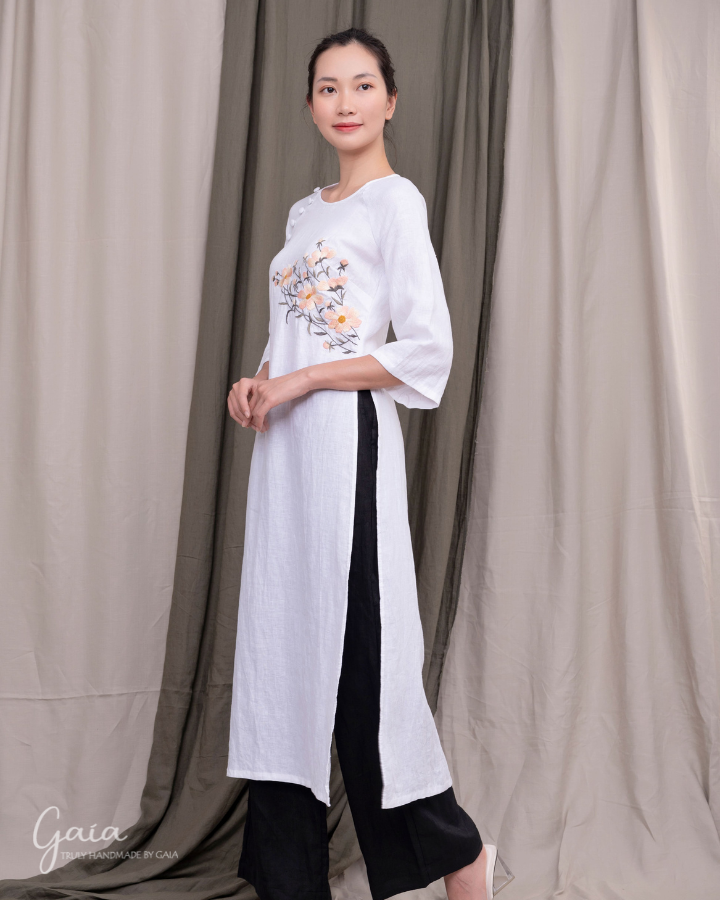 Hand-embroidered linen white Vietnamese dress