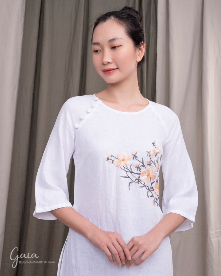 Hand-embroidered linen white Vietnamese dress