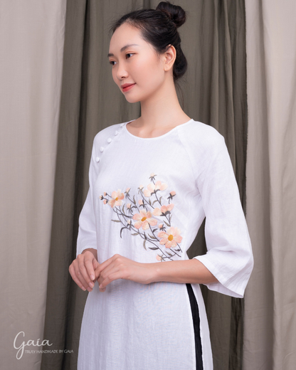 Hand-embroidered linen white Vietnamese dress