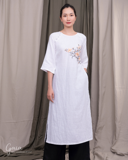 Hand-embroidered linen white Vietnamese dress