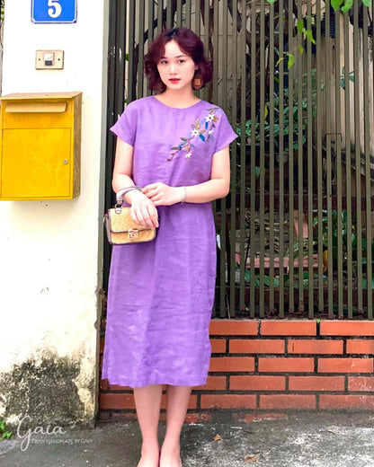 Hand embroidered purple linen midi dress with sleeves