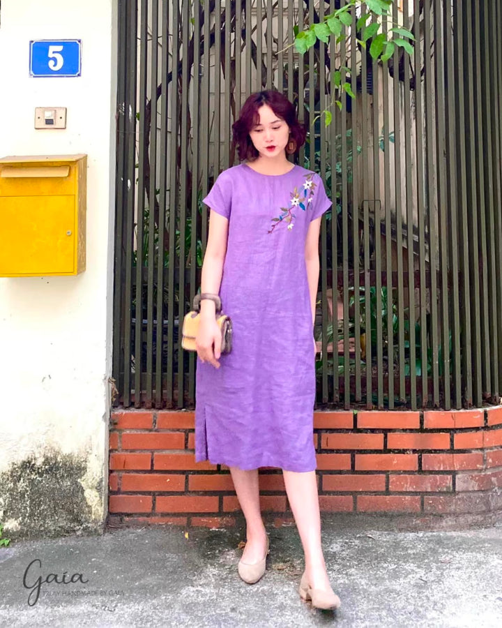 Hand embroidered purple linen midi dress with sleeves