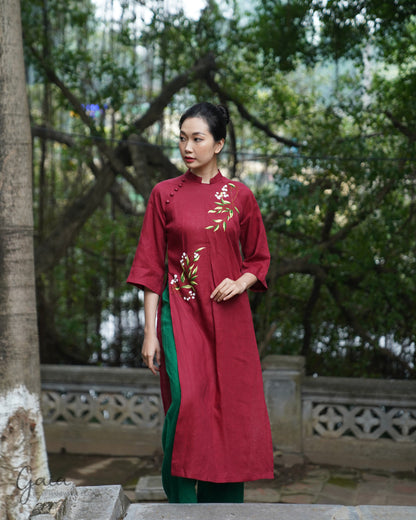 Hand-embroidered red linen Ao Dai