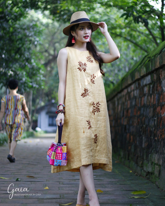 Hand embroidered sleeveless linen dress