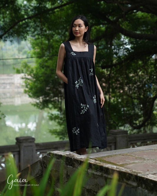 Hand-embroidered square neck linen maxi dress 