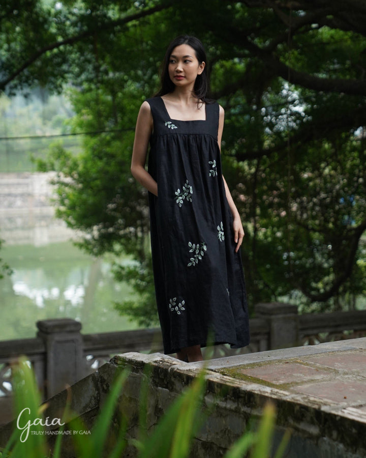 Hand-embroidered square neck linen maxi dress 