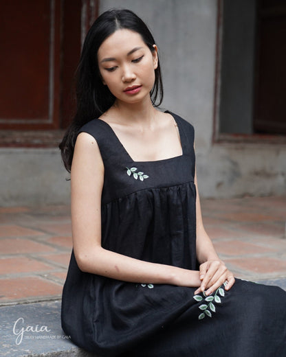 Hand-embroidered square neck linen maxi dress 