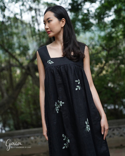 Hand-embroidered square neck linen maxi dress 