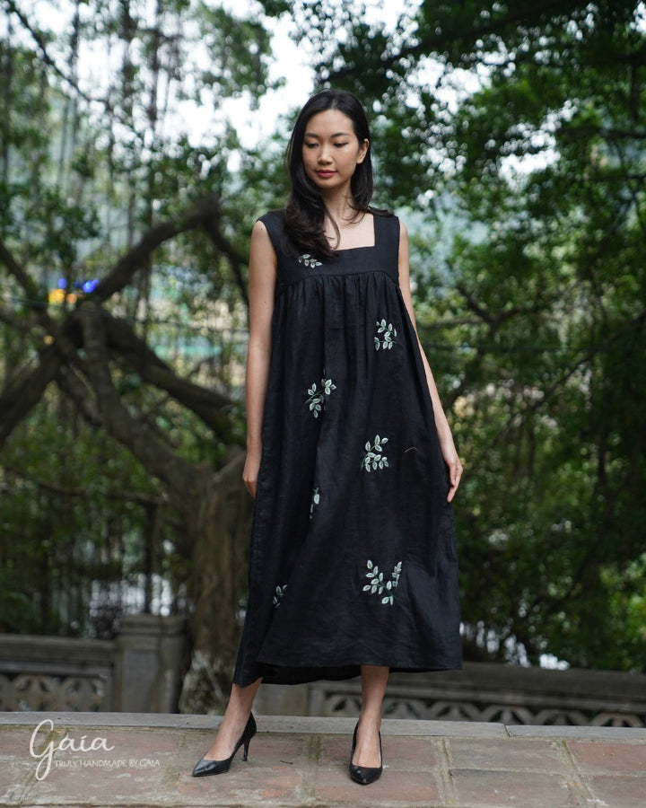 Hand-embroidered square neck linen maxi dress 