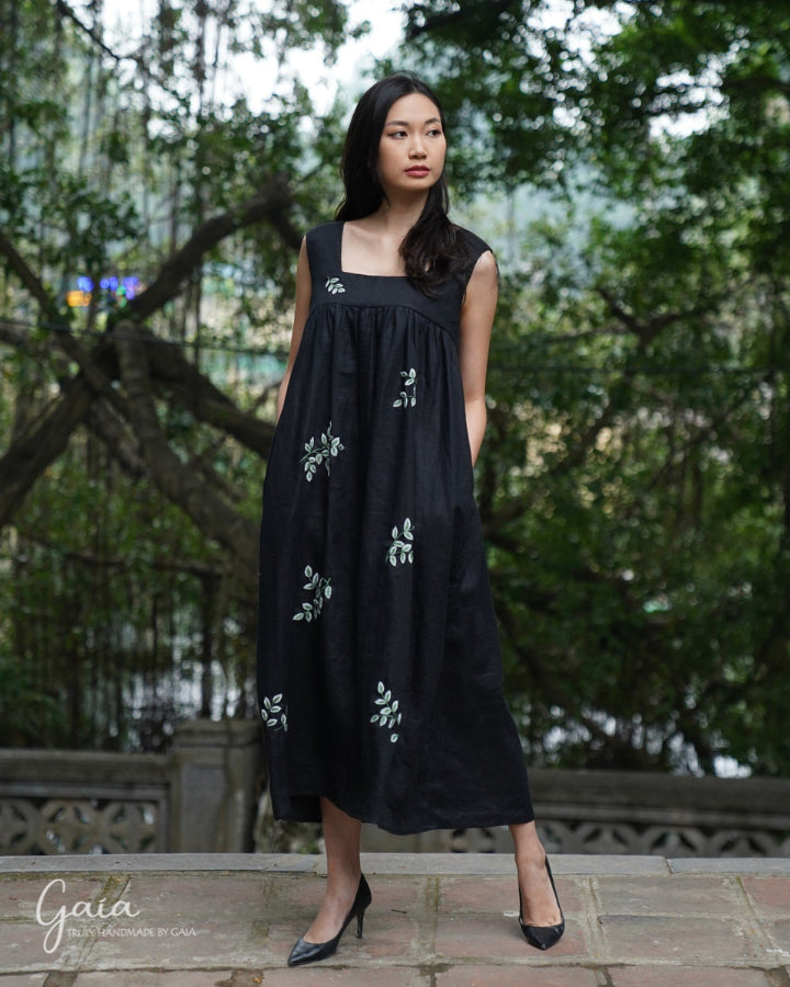 Hand-embroidered square neck linen maxi dress 