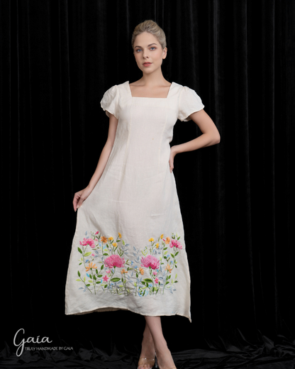 Hand-embroidered tulip sleeve linen wedding dress