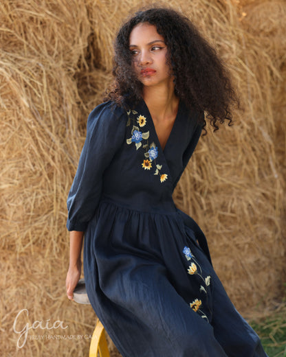 Hand-embroidered V-neck dress long sleeve MIMOSA Hand-embroidered V-neck dress long sleeve MIMOSA