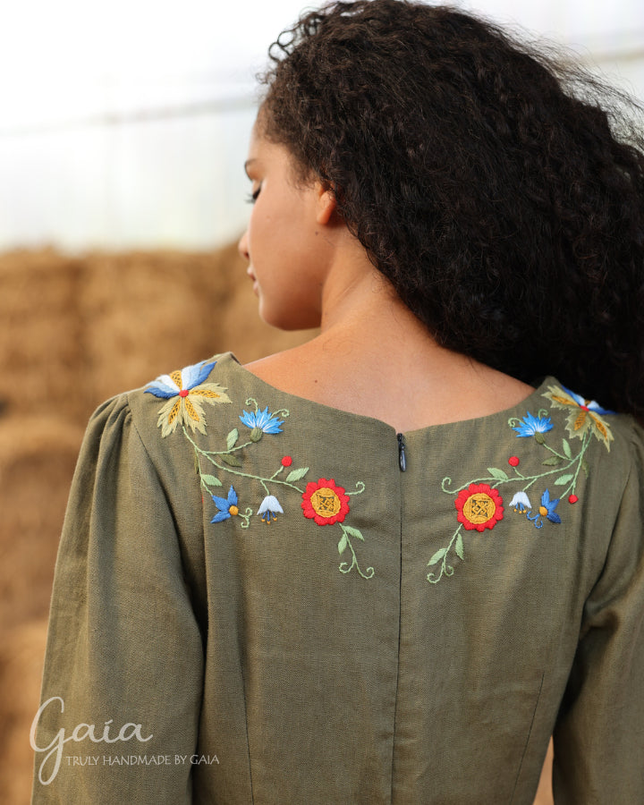 Linen hand-embroidered V-neck midi dress RACHEL