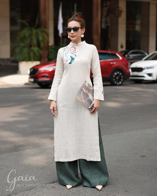 Hand-embroidered Vietnamese lotus dress