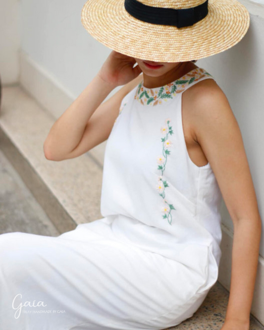 Hand embroidered white linen dress