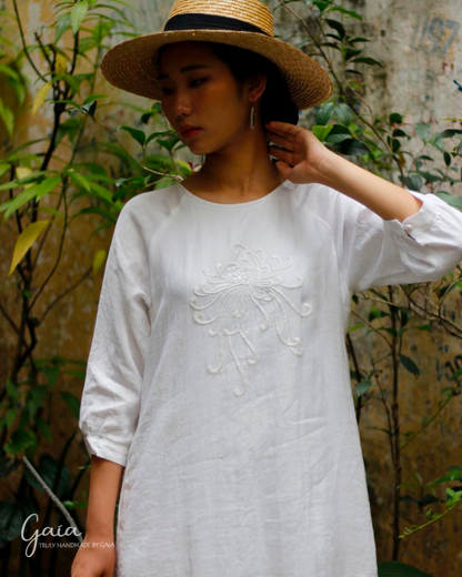 Hand embroidered white linen shift dress