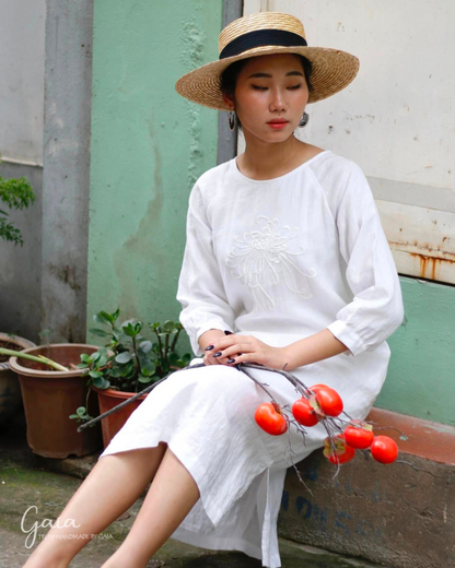 Hand embroidered white linen shift dress