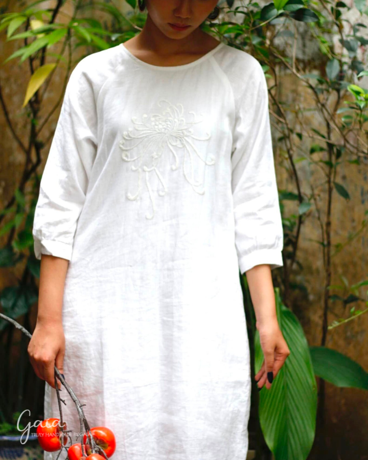 Hand embroidered white linen shift dress