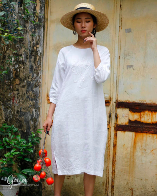 Hand embroidered white linen shift dress