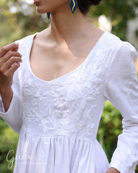 Hand-embroidered white wedding dress