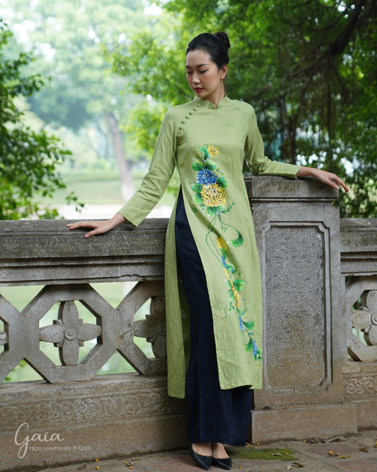 Hand painted linen Vietnamese wedding costume