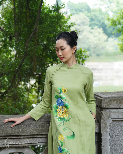 Hand painted linen Vietnamese wedding costume