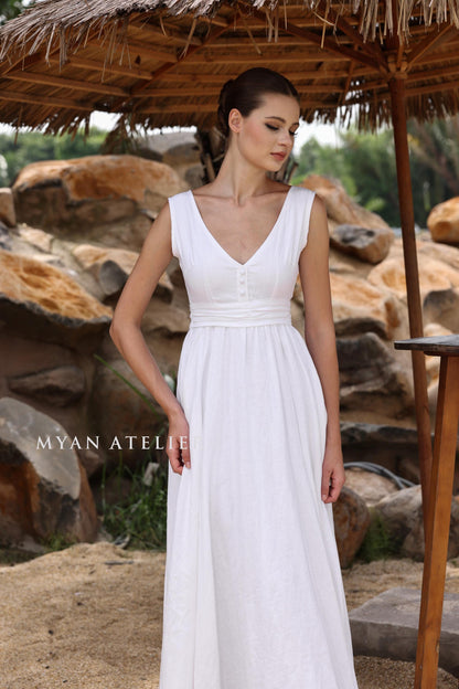AVANIA | Linen Wedding Dress | Pleated Waist & Back Bow | MADE TO MEASURE
