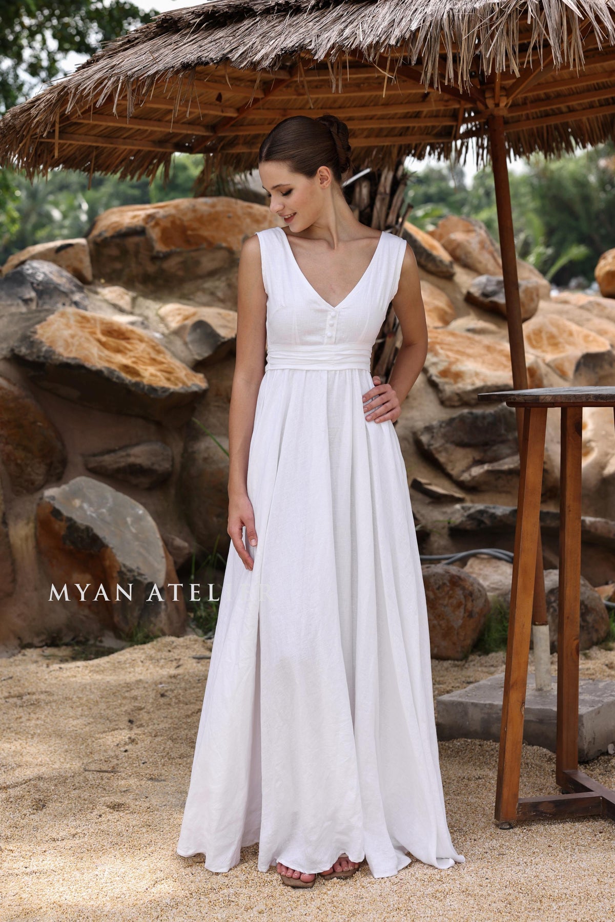 AVANIA | Linen Wedding Dress | Pleated Waist & Back Bow | MADE TO MEASURE