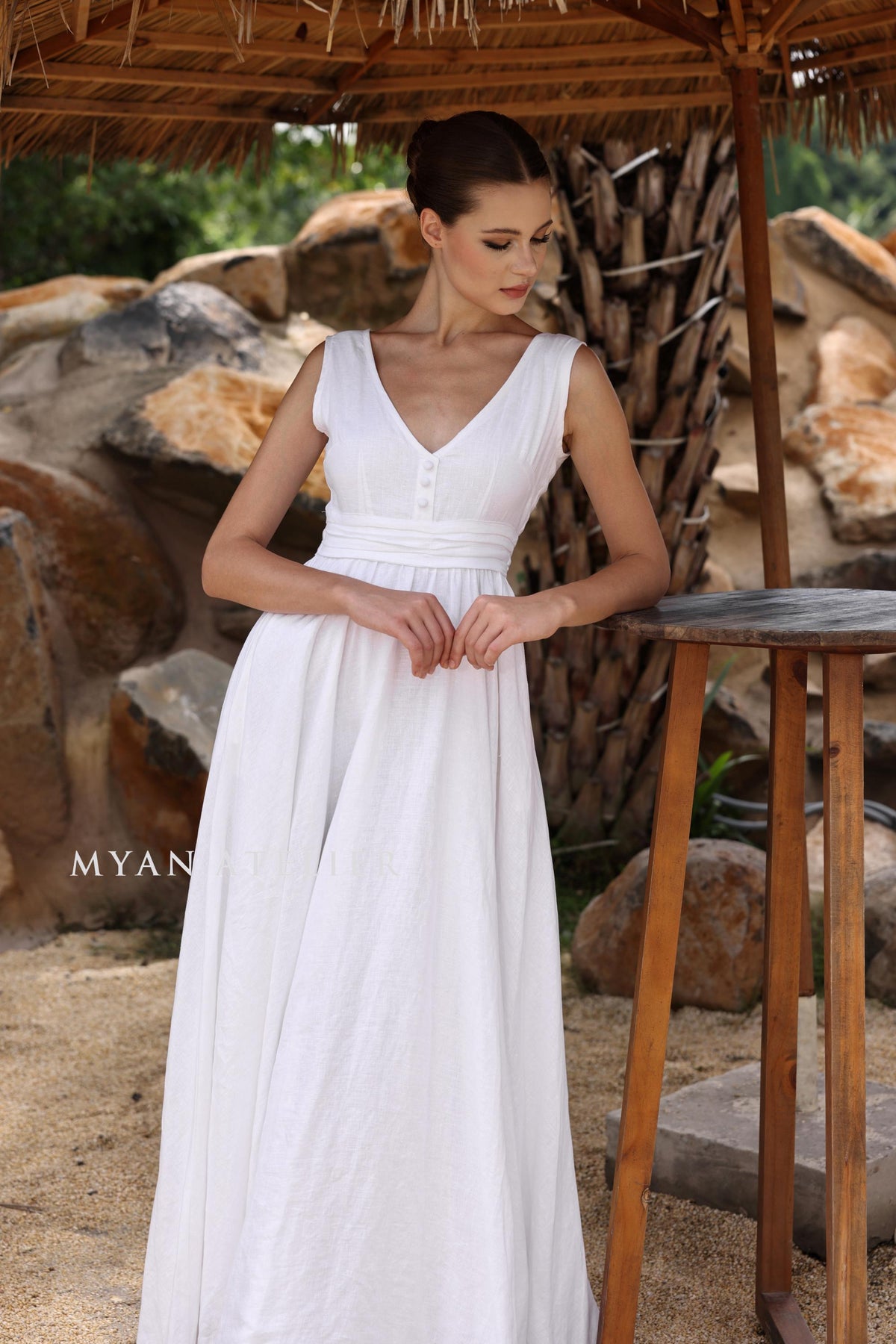 AVANIA | Linen Wedding Dress | Pleated Waist & Back Bow | MADE TO MEASURE