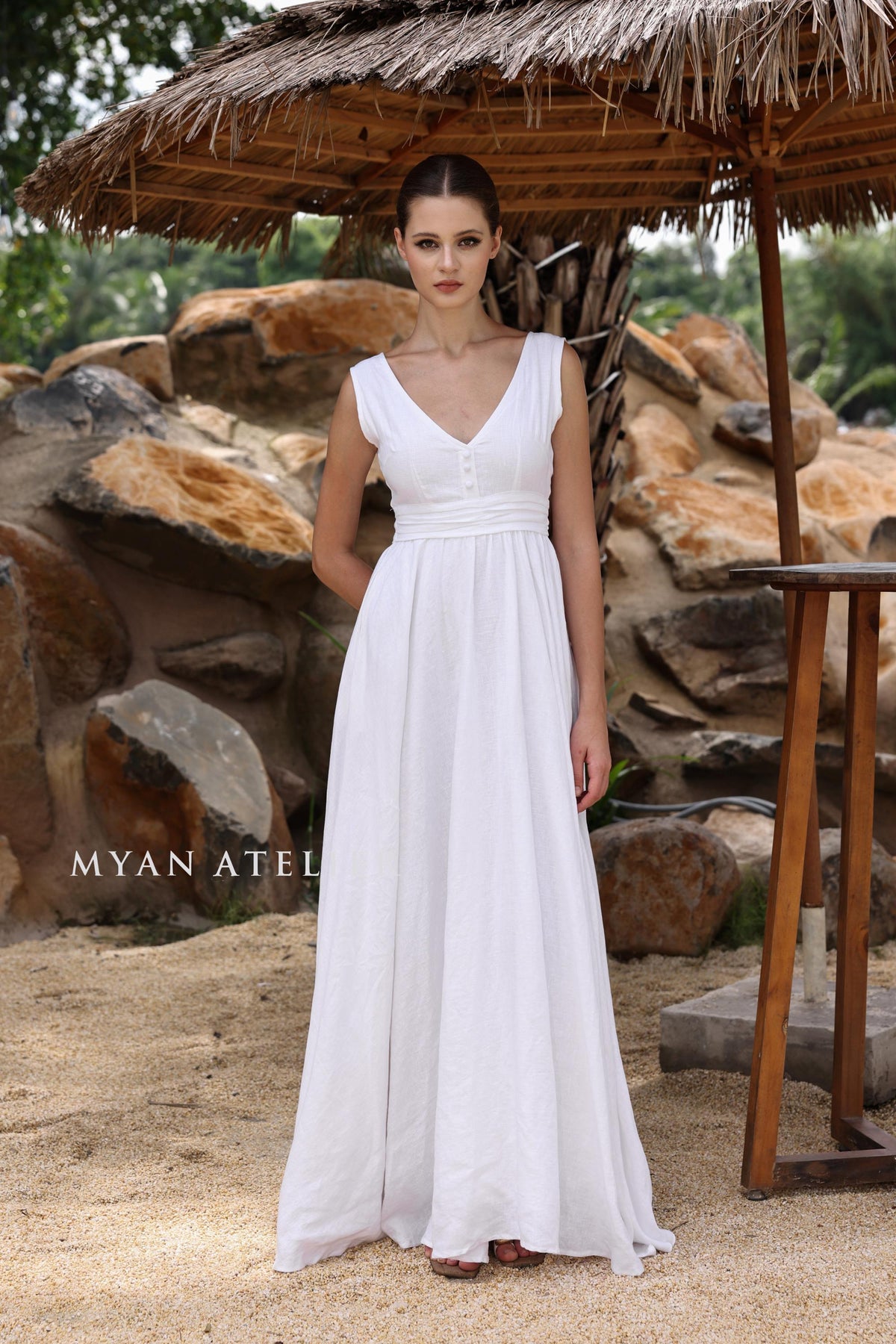 AVANIA | Linen Wedding Dress | Pleated Waist & Back Bow | MADE TO MEASURE