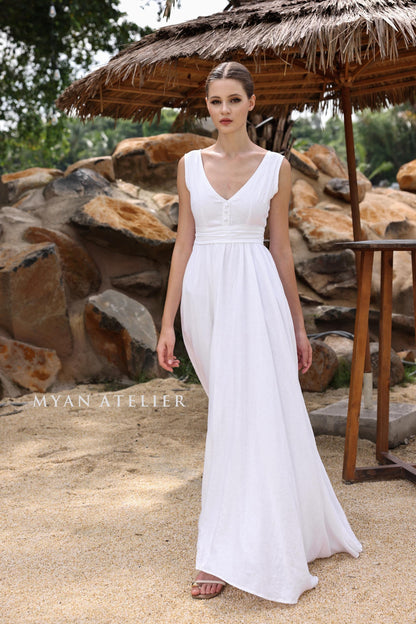 AVANIA | Linen Wedding Dress | Pleated Waist & Back Bow | MADE TO MEASURE