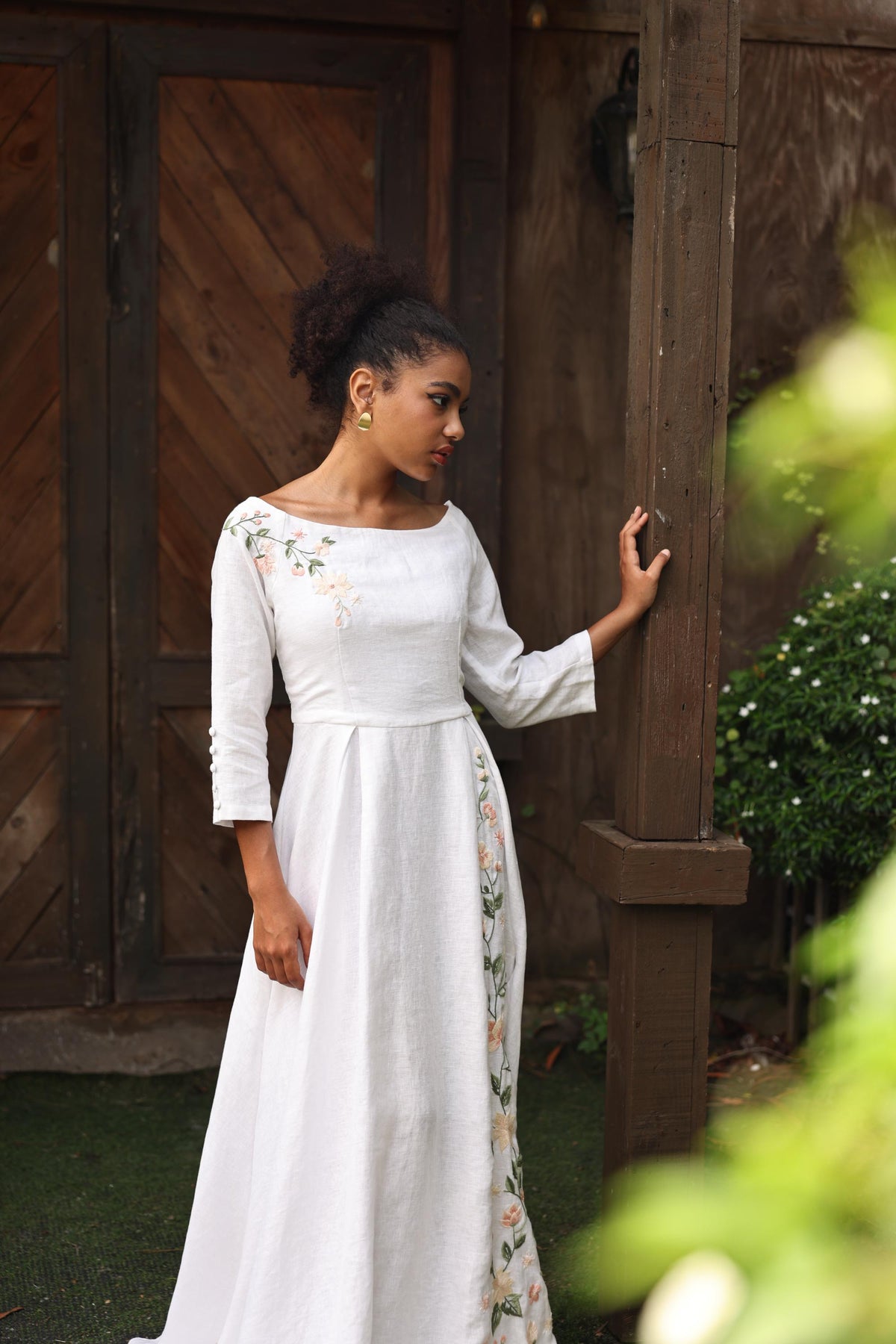 OLIVIA | Linen Wedding Dress | Boat Neck, Three-Quarter Sleeves & Slit | MADE TO MEASURE