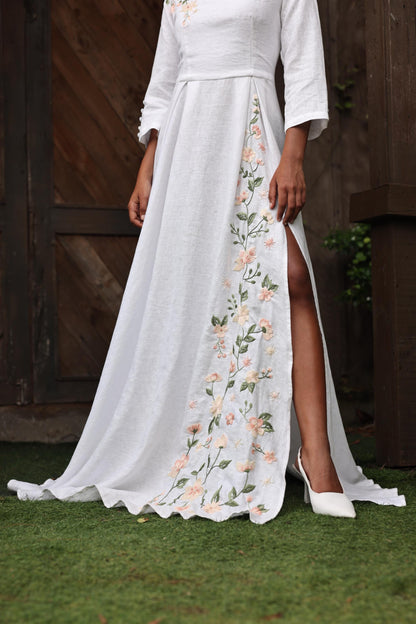 OLIVIA | Linen Wedding Dress | Boat Neck, Three-Quarter Sleeves & Slit | MADE TO MEASURE