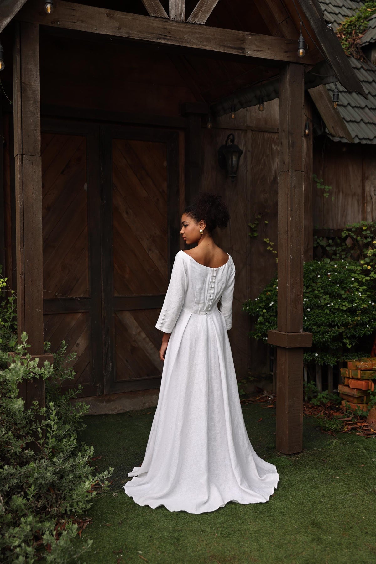OLIVIA | Linen Wedding Dress | Boat Neck, Three-Quarter Sleeves & Slit | MADE TO MEASURE