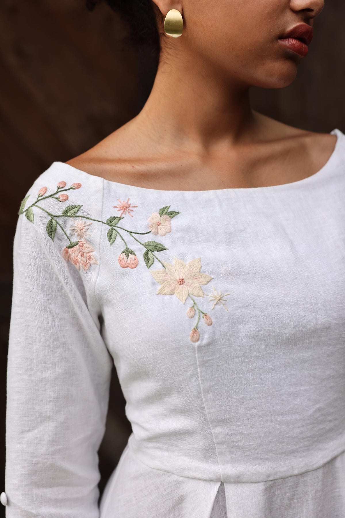OLIVIA | Linen Wedding Dress | Boat Neck, Three-Quarter Sleeves & Slit | MADE TO MEASURE