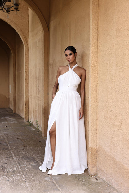 SOLENA | Linen Wedding Dress | Open Back, Neck Bow & Front Slit | MADE TO MEASURE