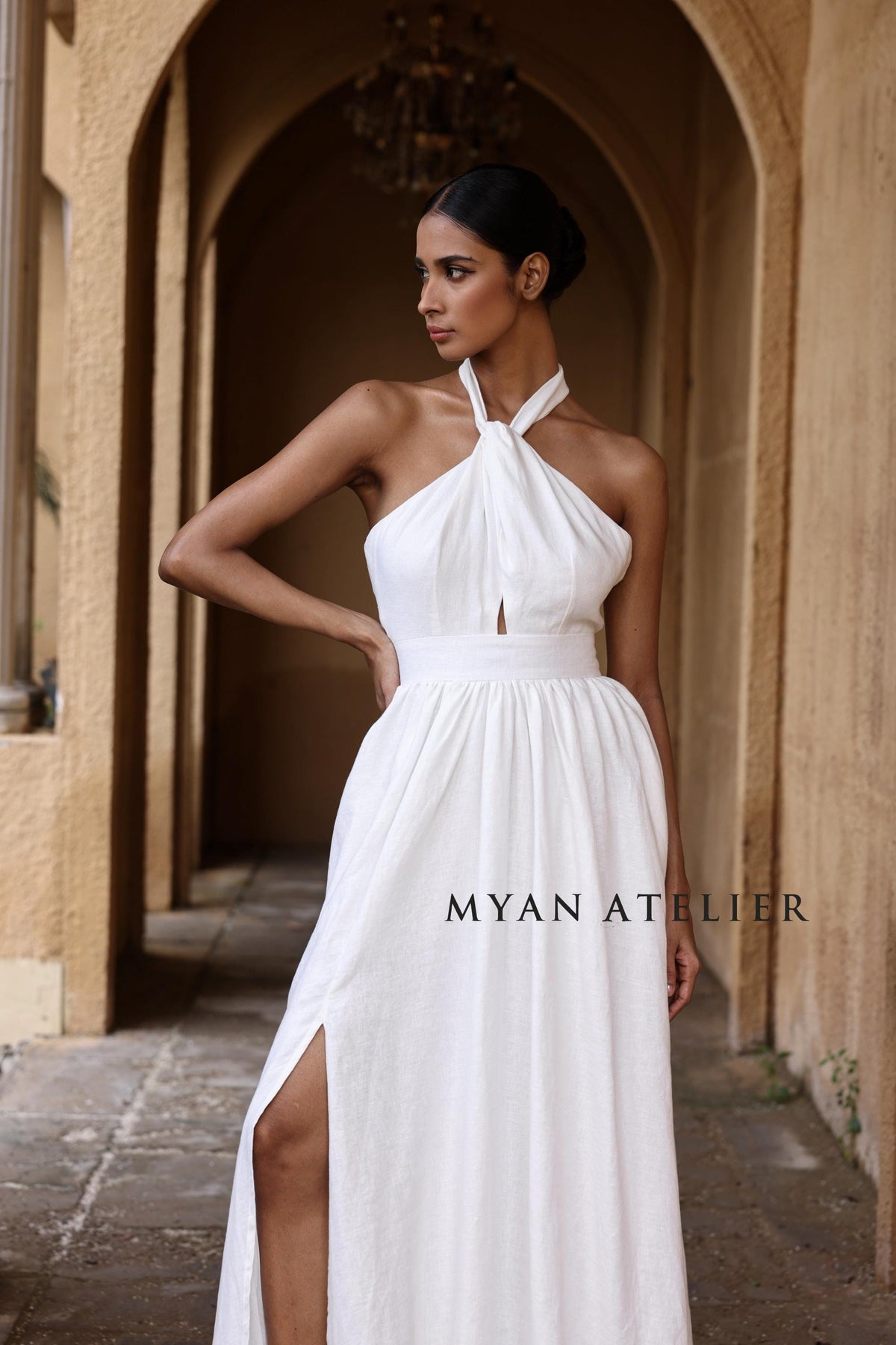 SOLENA | Linen Wedding Dress | Open Back, Neck Bow & Front Slit | MADE TO MEASURE