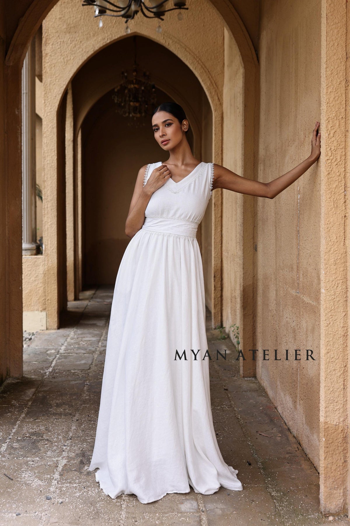 ALTHEA | Linen Wedding Dress | Flutter Sleeves & Back Bow | MADE TO MEASURE