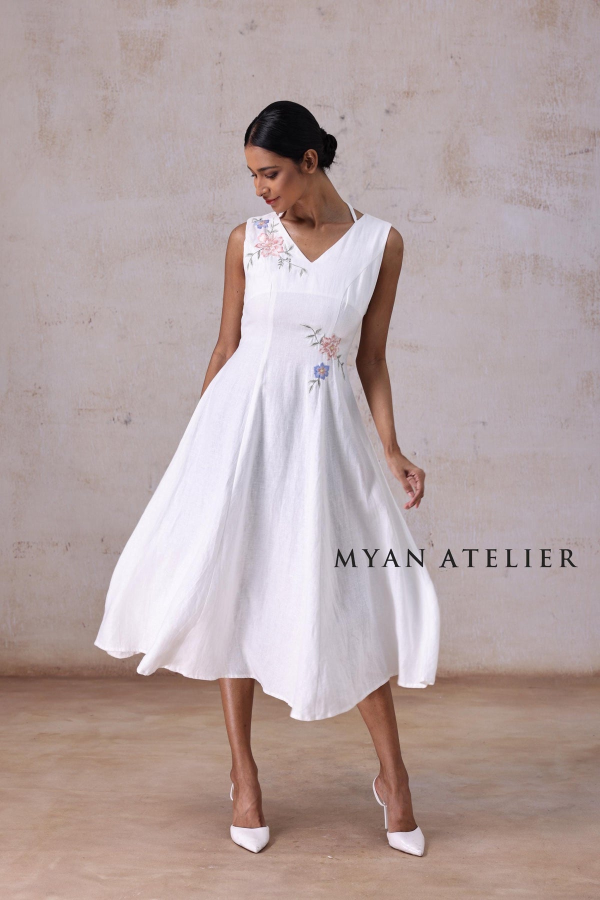ELYSIA | Linen Wedding Dress | V Neck & Asymmetric Botanical Details | MADE TO MEASURE