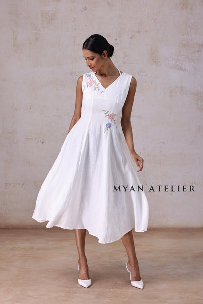 ELYSIA | Linen Wedding Dress | V Neck & Asymmetric Botanical Details | MADE TO MEASURE