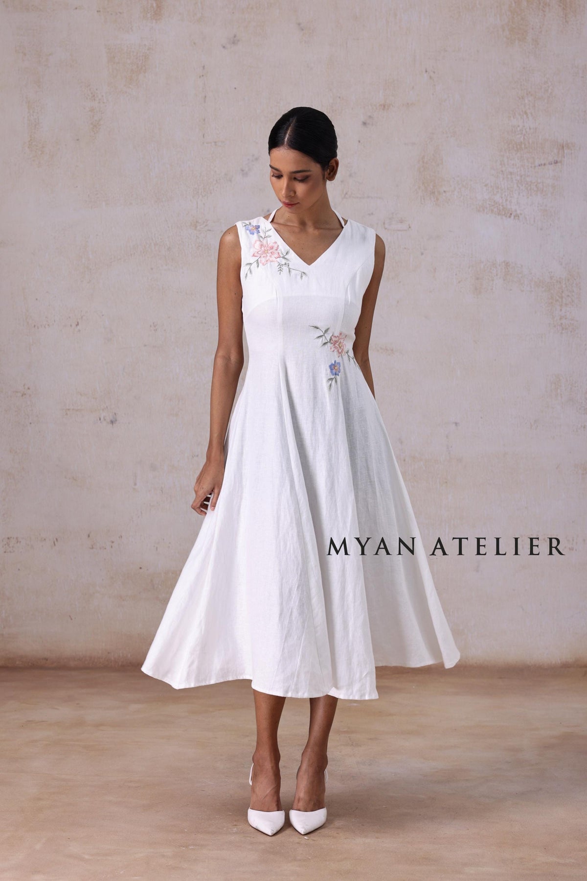 ELYSIA | Linen Wedding Dress | V Neck & Asymmetric Botanical Details | MADE TO MEASURE