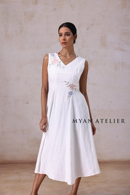 ELYSIA | Linen Wedding Dress | V Neck & Asymmetric Botanical Details | MADE TO MEASURE